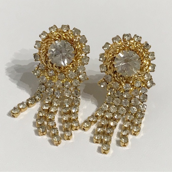 Vintage Best in Show Blue Ribbon Clear Rhinestone Chandelier Clip On Earrings - Picture 6 of 15